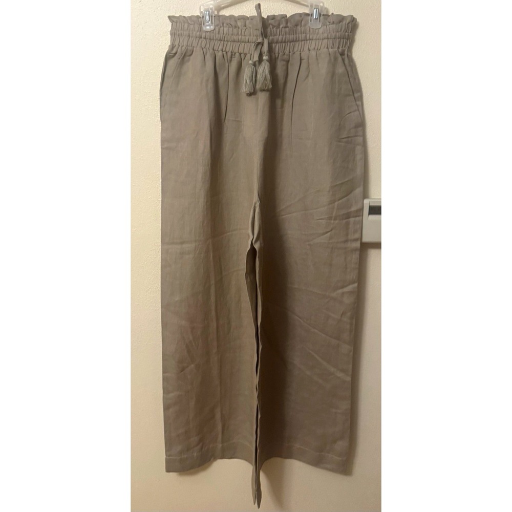 Elan Women's Beige Linen Wide-Leg Pants Lightweight Drawstring Tassel Size L